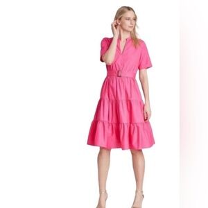NWT who What Wear Pink Belted Tiered Dress XS V-Neck Short Sleeve Cotton Pockets